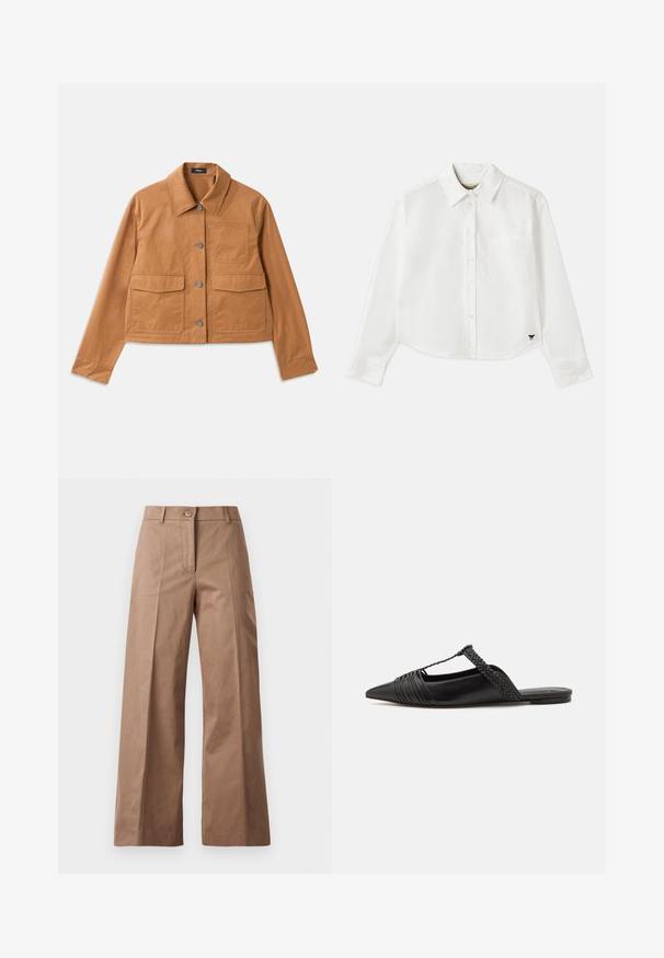 Ruskea lyhyt takki, joka on valmistettu kestävästä materiaalista, jossa on kauluskot, nappisuljenta, kaksi etutaskua ja tekstuuripinta.; Valkoinen lyhytcroppinen pitkähihainen paita, joka on valmistettu puuvillasta. Siinä on nappisuljenta edessä, rintatasku ja pieni musta logo vasemmassa alakulmassa.; Ruske leve-legged hlače iz gladkega materiala, z sprednjim gumbom, dvema sprednjima žepoma in čistimi, krojenimi linijami.; Musta nahkasandaali, jossa on terävä kärki, somistettuna kudotulla yksityiskohdalla ja pleatatuilla yläosilla. Litteä pohja, jossa on vähäisiä tarvikkeita.