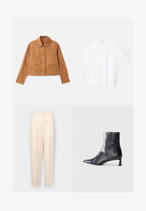 Bruine cropped jas gemaakt van duurzaam materiaal, met een kraag, knoopsluiting, twee zakken aan de voorkant en een gestructureerde afwerking.; Witte katoenen t-shirt met korte mouwen, ronde halslijn, comfortabele pasvorm en gestikte zoom. Etiket zichtbaar aan de binnenzijde van de hals.; Beige op maat gemaakte broek met een rechte pasvorm, voorzien van plooien aan de voorkant, een gladde textuur en een middelhoge taille. Geen zichtbare zakken.; Zwarte leren enkellaars met een spitse neus en een slank ontwerp. Heeft een lage hak en een ritssluiting aan de achterkant. Gladde textuur.