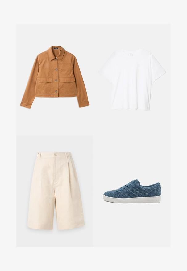 Kohvamine lühike jakk, mis on valmistatud vastupidavast materjalist, millel on kraega kaelus, nööbikinnitus, kaks eesmist taskut ja tekstureeritud viimistlus.; Valge puuvillane T-särk lühikeste varrukatega, ümmargune kaelus, mugav lõige ja õmmeldud serv. Silt nähtav kaela seest.; Beezid linane lühikesed püksid, millel on mugav lõige, nupuga sulgemine, volditud disain ja kuni põlve ulatuv lõige. Sile tekstuur ja lihtne stiil.; Sinine tekstureeritud kanvasist sneakerid valge kummist tallaga, kuue sinise silmaga ja logoga kandadel. Kujundatud madala tipuga siluetiks.