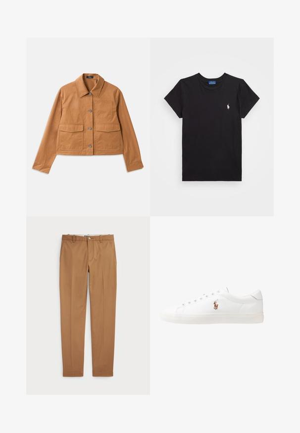 Brown cropped jacket made from durable material, featuring a collared neck, button closure, two front pockets, and a textured finish.; Black cotton t-shirt with a crew neckline, short sleeves, and a white embroidered logo on the left chest. Smooth texture, casual design.; Brown cotton trousers with a slim-fit design, flat front, and standard pockets; smooth texture and hemmed cuffs.; White leather sneakers, low-top design, featuring a smooth texture, round toe, laced front, and a small embroidered logo on the side.
