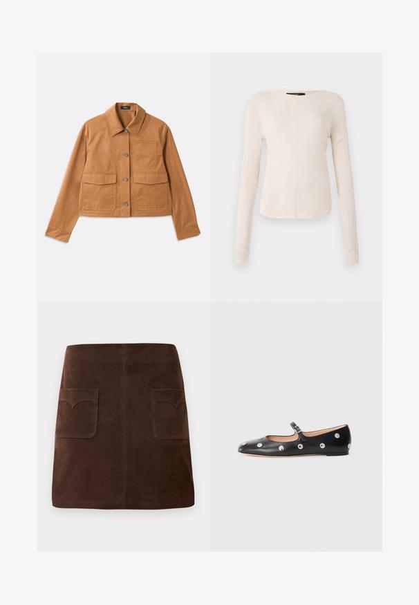 Veste brune cropped en matériau durable, dotée d'un col, d'une fermeture à boutons, de deux poches avant et d'une finition texturée.; Haut à manches longues, beige clair avec un col rond. Fait dans un tissu doux, il présente une couture centrale et un ourlet légèrement courbé. Pas de métal visible.; Jupe en suède marron présentant une silhouette A-line classique, deux poches avant avec des rabats arrondis et des détails de couture discrets.; Chaussure plate en cuir noir type Mary Jane avec un bout arrondi, ornée de clous ronds en argent et dotée d'une sangle réglable avec une boucle.