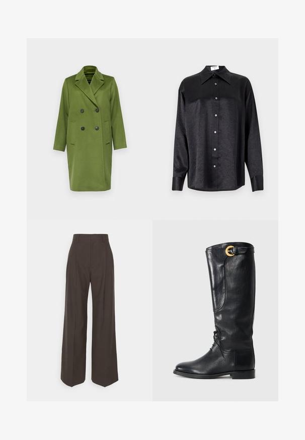 Weekend Max Mara ZUM - Klassischer Mantel - verde; Schwarzes Langarmhemd mit kragenförmigem Halsausschnitt, mit einem zerknitterten Textur, voller Knopfleiste und Manschetten. Hergestellt aus einem glatten Stoff.; Dunkelbraune weite Hose mit hoher Taille, die über sorgfältig gebügelte Falten, eine glatte Textur und eine taillierte Passform verfügt.; Schwarzer Lederstiefel bis zum Knie mit runder Zehenpartie, schnürbarem Vorderteil, seitlichem Detail und einer goldenen Akzentgürtel am oberen Ende. Glatte Textur.