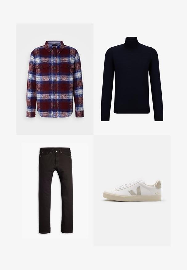 Κόκκινο και μπλε καρώ φανελένιο πουκάμισο με μακριά μανίκια, κουμπιά μπροστά και δύο τσέπες στο στήθος. Μαλακή υφή και κλασικό σχέδιο καρώ.; Σκούρο ναυτικό μπλε πουλόβερ με ψηλό λαιμό από λεπτό πλεκτό ύφασμα, διαθέτει μακριά μανίκια και εφαρμοστή, ψηλή λαιμόκοψη. Δεν έχει ορατά σχέδια ή διακοσμητικά στοιχεία.; Μαύρα στενά τζιν παντελόνια με πέντε τσέπες και κλείσιμο με κουμπί, απλωμένα σε λευκό φόντο.; Λευκό δερμάτινο αθλητικό παπούτσι με μπεζ λεπτομέρειες, επίπεδη καουτσούκ σόλα, στρογγυλή μύτη και αντίθετο λογότυπο στο πλάι και πίσω. Σχεδίαση με κορδόνια.