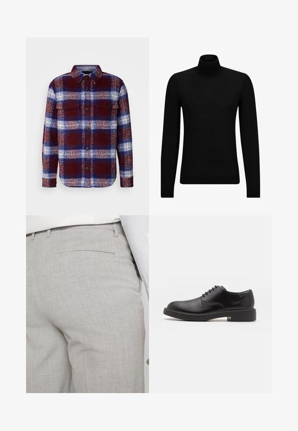 Raudona ir mėlyna languota flanelinė marškinė su ilgais rankovėmis, mygtukų priekyje ir dviem krūtinės kišenėmis. Minkšta tekstūra ir klasikinis languotas raštas.; Juodas aukšto kaklo megztinis, pagamintas iš minkštos medžiagos, su ilgomis rankovėmis ir prigludusia forma. Su raukiniais apačioje ir rankogaliuose. Paprastas dizainas.; Šviesiai pilkos spalvos pritaikytos kelnės iš faktūrinės medžiagos, turinčios vieną užpakalinę kišenę ir tvarkingus siūlus.; Juodas odinis batų modelis su raišteliais, apvaliu nosiu, lygiu paviršiumi, minimaliai siuvinėjimu ir žemu guminėmis pakulne. Ant pakulnės šalia logo.