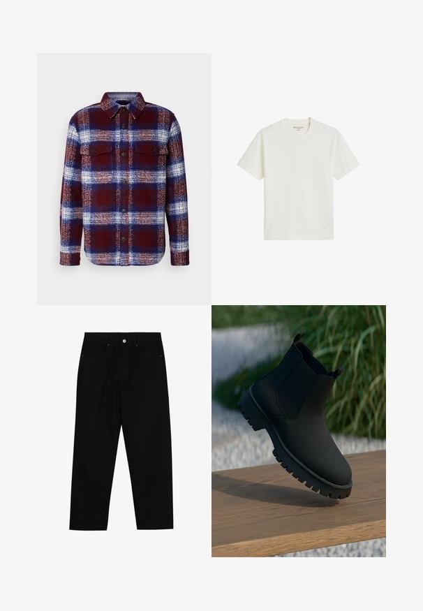 Rood en blauwe geruite flanellen blouse met lange mouwen, knoopsluiting aan de voorkant en twee borstzakken. Zachte textuur en een klassiek ruitpatroon.; Katoenen t-shirt in gebroken wit, met een ronde hals ontwerpe met korte mouwen, uitgerust met een rechte zoom en minimale branding op het label.; Zwarte denim broek met een recht gesneden pasvorm, vijf gebruikersvriendelijke zakken en een sluiting met een knoop aan de voorkant. Soepele textuur met minimale stikdetails.; Zwarte enkelboot met een gladde afwerking, elastische zijpanelen en een dikke, robuuste zool. Geplaatst tegen een natuurlijke achtergrond op een houten oppervlak.