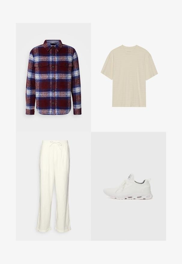 Rød og blå rutete flanellskjorte med lange ermer, knappelukking foran og to brystlommer. Myk tekstur og et klassisk sjakkrutemønster.; Krèmfarget kortermet t-skjorte med en subtil stripete tekstur og rund halslinning, laget av lett materiale.; Linstanter i off-white med drawstring midje, lett vide ben og rullede ermer for en avslappet passform. Ingen lommer.; Hvite atletiske sko med et teksturert strikket overdel, flate snører og en polstret såle med synlige luftkamre for ekstra støtte.