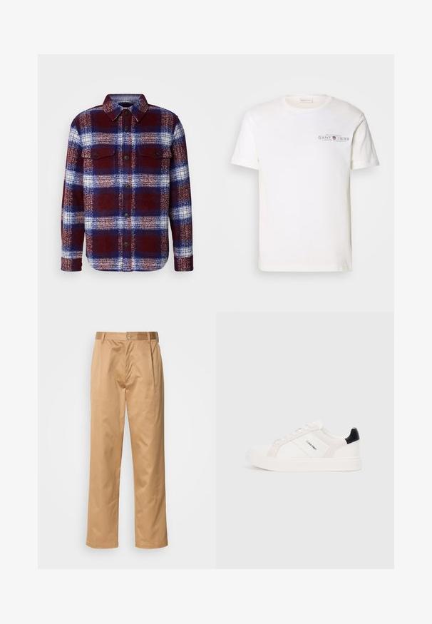 Κόκκινο και μπλε καρώ φανελένιο πουκάμισο με μακριά μανίκια, κουμπιά μπροστά και δύο τσέπες στο στήθος. Μαλακή υφή και κλασικό σχέδιο καρώ.; Λευκό βαμβακερό μπλουζάκι με στρογγυλή λαιμόκοψη, κοντά μανίκια και εκτύπωση λογοτύπου. Διαθέτει μινιμαλιστικό σχέδιο και άνετη εφαρμογή.; Χακί παντελόνι, σε σύνθεση βαμβακιού, ευθεία γραμμή, εμπρόσθιες πτυχές, θηλιές ζώνης και κουμπί κλεισίματος. Λείο ύφασμα χωρίς σχέδια.; Λευκά αθλητικά παπούτσια με ανοιχτό ροζ και μαύρες λεπτομέρειες, κατασκευασμένα από λείο δέρμα και πάνελ σουέτ, με στρογγυλή μύτη και επίπεδη καουτσούκ σόλα.