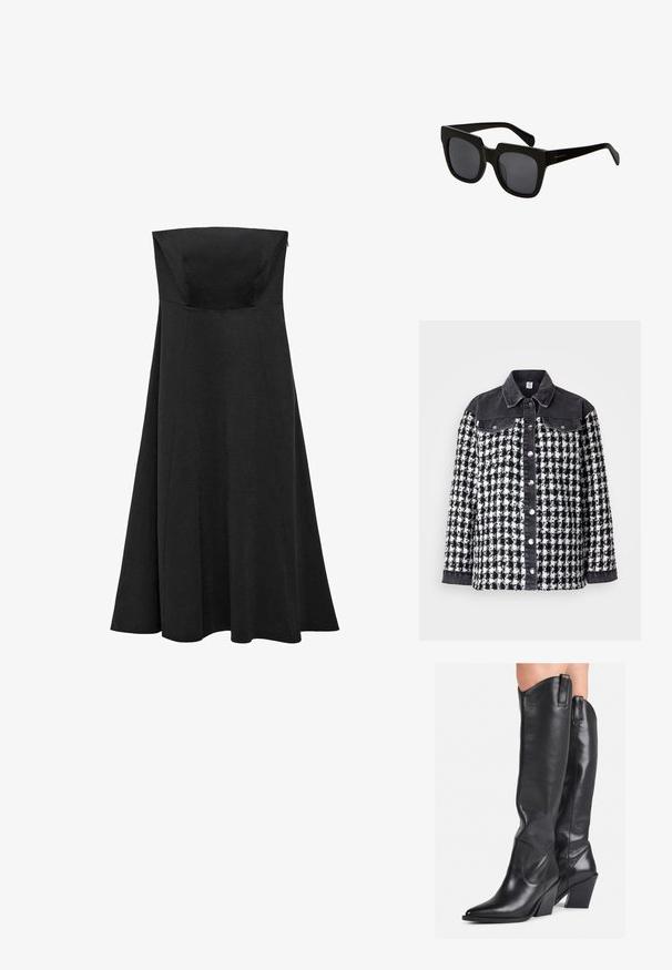 Sort og hvid ternet jakke med denimkrave og -ærmer. Har metalliske trykknapper og et struktureret stofdesign med lommer.; Sort strampegulvsklædning uden stropper med en tætsiddende bodice og en udvidende, gulvlængde nederdel. Lavet af glat stof uden synlige mønstre eller detaljer.; Sorte læder støvler til knæene med spids tå, buet skaft og kraftig hæl. Har en glat tekstur og trækflapper øverst.; Sorte rektangulære solbriller med tykke plastiskrammer og mørke linser. Bøjlerne er slanke med en blank finish og minimal branding.