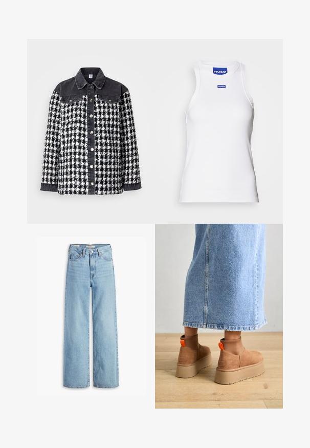 Zwart-wit geruit jasje met een denim kraag en mouwen. Voorzien van metalen drukknoopjes en een textuurdesign met zakken.; Witte mouwloze tanktop van ribbelstof, met een ronde hals en een blauwe "HUGO" label nabij de kraag. Soepele textuur.; Lichtblauwe, hoge taille, wijde jeans met een voorste knoop en ritssluiting, riemlussen en vijf zakken.; Bruine suède platformlaarzen met elastische zijkanten en oranje trekbandjes, gecombineerd met een lichtdenim rok tot de knie op een houten vloer.