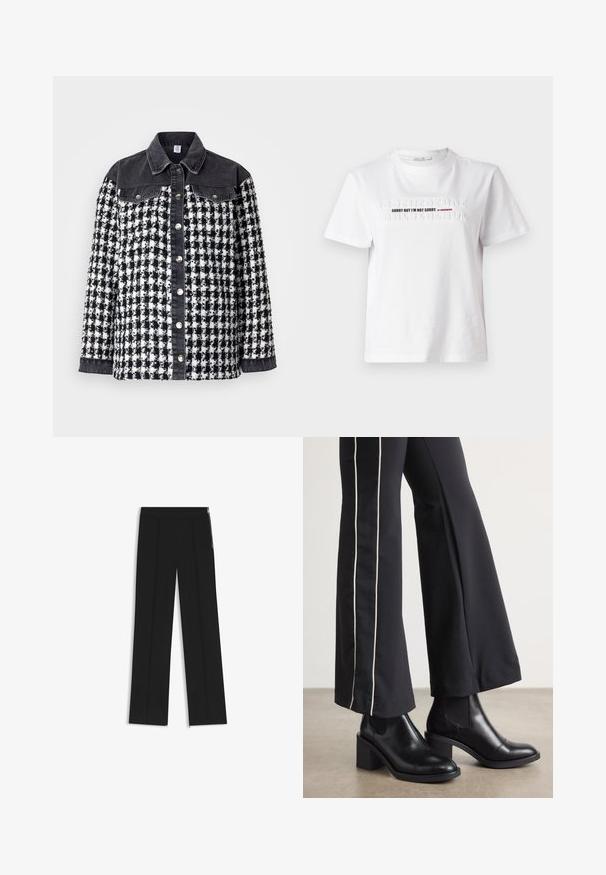Zwart-wit geruit jasje met een denim kraag en mouwen. Voorzien van metalen drukknoopjes en een textuurdesign met zakken.; Wit katoenen T-shirt met reliëftekst "SORRY BUT I'M NOT SORRY" in zwart en rood, korte mouwen en een ronde halslijn.; Zwarte wijde broek met twee voorplooien, elastische tailleband en zijritsen voor detail. Soepele textuur en minimalistisch ontwerp.; Zwarte leren enkellaarzen met een blokhak, voorzien van elastische zijpanelen. Gecombineerd met zwarte broeken met een witte zijstreep.