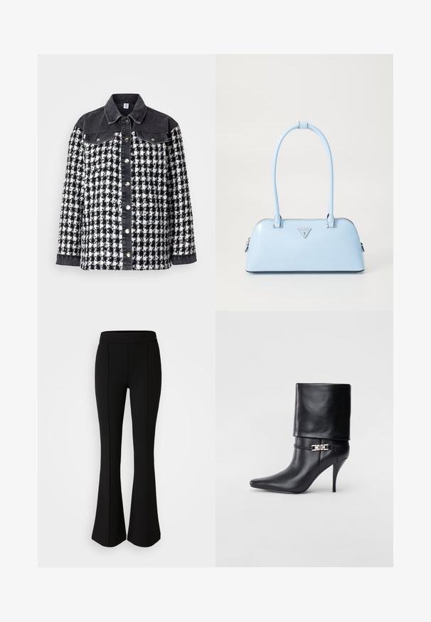 Giacca a scacchi bianco e nero con colletto e maniche in denim. Presenta bottoni a pressione metallici e un design in tessuto testurizzato con tasche.; Maglietta a maniche lunghe blu navy realizzata in tessuto leggero e liscio. Presenta un collo rotondo e dettagli sulle cuciture lungo le maniche e i lati.; Pantaloni neri a zampa d'elefante realizzati in un materiale elastico con una texture liscia, caratterizzati da dettagli delle cuciture lungo la parte anteriore per un tocco di design in più.; Stivale ankle in pelle nera con punta affusolata, alto tacco a stiletto, risvolto sulla caviglia e un elegante dettaglio in oro con fibbia decorativa.; Borsa a mano azzurro chiaro con forma strutturata, materiale in pelle liscia, due manici e logo triangolare sul davanti. Chiusura con zip.