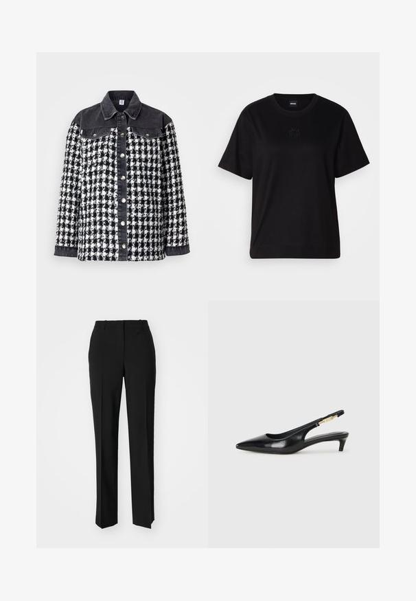 Crno-bijeli karirani sako s traper ovratnikom i rukavima. Ima metalne pritisne dugmadi i teksturirani dizajn tkanine s džepovima.; Crna pamučna majica s okruglim izrezom, kratkim rukavima i izvezenim logotipom na prsima. Jednostavan, opušten kroj bez uzorka.; Crne krojene hlače ravnog kroja, s glatkom teksturom i oštrim pregibima naprijed. Bez vidljivih metalnih dijelova.; Crne kožne sandale s petom, s izduženim vrhom, imaju usku petu i zlatni akcent na podesivoj traci. Glatka tekstura.