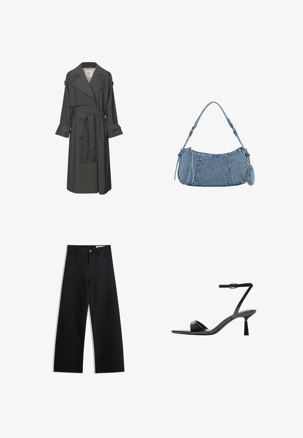 Sivý trenčkot s dvojradovým zapínaním, opaskom v páse, širokými chlopňami a manžetami. Má hladkú textúru a strihaný dizajn.; Čierny dlhý rukáv skrátený top s okrúhlym výstrihom, jednofarebný dizajn a mierne zakrivený lem.; Čierne denimové nohavice s širokými nohavicami a vysokým pásom, so prednými a zadnými vreckami, šitými švami a zapínaním na gombík. Hladká textúra.; Bershka Sandále na vysokom opätku - black; Džínová kabelka s zakriveným tvarom, svetlomodrej farby, so nastaviteľným popruhom na rameno a malým odnímateľným vreckom s kovovými detailmi.
