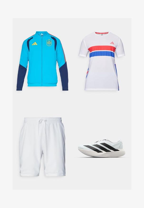 Tyrkysová sportovní bunda s tmavě modrými rukávy, s žlutým zipem a logem Adidas. Na hrudi je umístěn španělský národní znak.; Bílý sportovní tričko s červenými a modrými horizontálními pruhy, vyrobené z prodyšného materiálu, s krátkými rukávy a kulatým výstřihem.; Bílé sportovní šortky s elastickým pasem a nastavitelnou tkaničkou. Hladká tkanina s jemnou strukturou, obsahující boční kapsy.; Lehké běžecké boty v světle modré barvě s černými pruhy. Mají hladký svršek, kulatou špičku a silnou bílou mezipodešev označenou "LIGHTSTRIKE PRO."