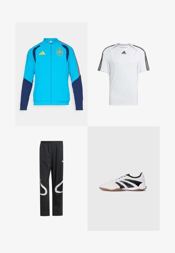 Turkis sportsjakke med marineblå ermer, med gul glidelås og Adidas-logo. Det spanske riksvåpenet er vist på brystet.; Hvit kortermet treningsskjorte med svarte Adidas tre-stripes detaljer på skuldrene, laget av glat og lett stoff.; Svart treningbukser med elastisk midje, med store hvite buede detaljer på sidene og en liten logo på øvre lår.; Hvit sportsko med svarte aksenter, med tre horisontale striper. Lett mesh-materiale, gummisåle med strukturert såle.
