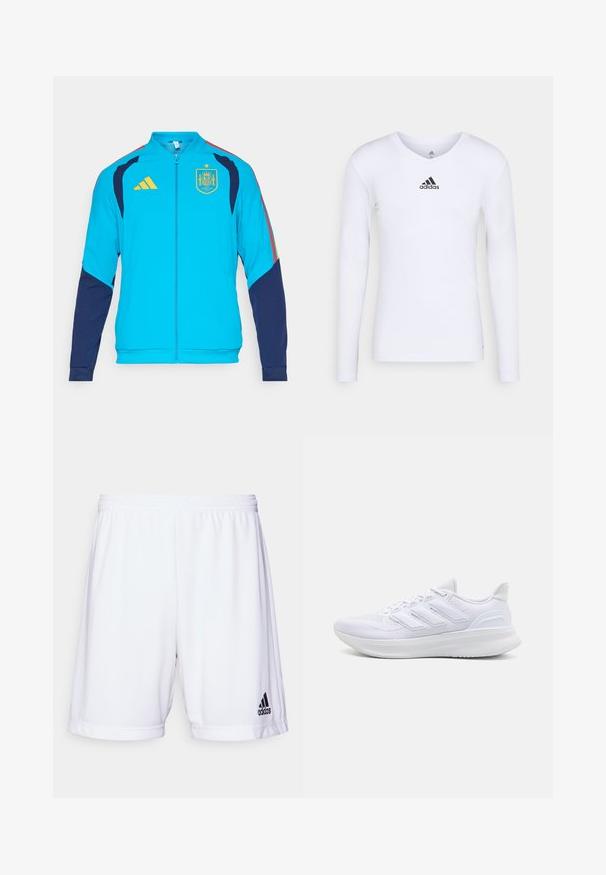 Chaqueta deportiva turquesa con mangas azul marino, con una cremallera amarilla y el logo de Adidas. El escudo nacional de España está mostrado en el pecho.; Camiseta deportiva de manga larga blanca, fabricada con material suave, que presenta un logo negro de Adidas en el pecho; diseño de cuello en V y forma ajustada.; Bermudas deportivas blancas con una cintura elástica, fabricadas con un tejido suave. Presenta un logo negro de Adidas en la parte inferior izquierda.; Zapatillas deportivas blancas con una parte superior de malla texturizada, suela acolchada y soporte, y un diseño de tres rayas en el lateral.