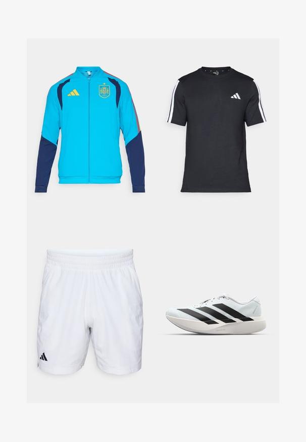 Türkizkék sportdzseki tengerészkék ujjakal, sárga cipzárral és Adidas logóval. A spanyol nemzeti címer a mellkason látható.; Fekete, rövid ujjú pamut póló, fehér csíkokkal a vállain és fehér logóval a bal mellkason.; Fehér sportnadrág elasztikus derekkal, textúrált anyaggal és fekete Adidas logóval a bal alsó oldalon.; Világoskék, fekete csíkos könnyű futószerek. Simább felső résszel, kerek orral és vastag fehér középtalppal, amelyen a "LIGHTSTRIKE PRO" felirat olvasható.