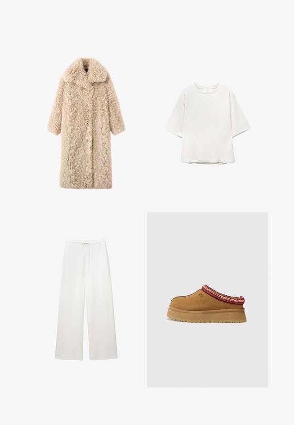 Beige tekokarvainen takki, jossa on leveä kaulus, leveät lyhyet hihat ja pehmeä, teksturoitu pinta. Takissa on etulukko ja ei näkyvää metalliosaa.; Valkoinen lyhythihainen pyöreäkauluksinen paita raglan-hihoilla ja huomaamattomilla sauman yksityiskohdilla edessä ja olkapäillä, asetettuna tasaisesti valkoiselle taustalle.; Valkoiset väljemmät housut leveällä lahkeella, joissa on joustava vyötärö ja kiristysnauha, suunniteltu arkikäyttöön.; Ruskosuede-lenkkari, jossa on punavalkoinen kuvioitu reunus, teksturoidun pohjan ja UGG-logo sivussa. Sisältää kevyen korotuksen.