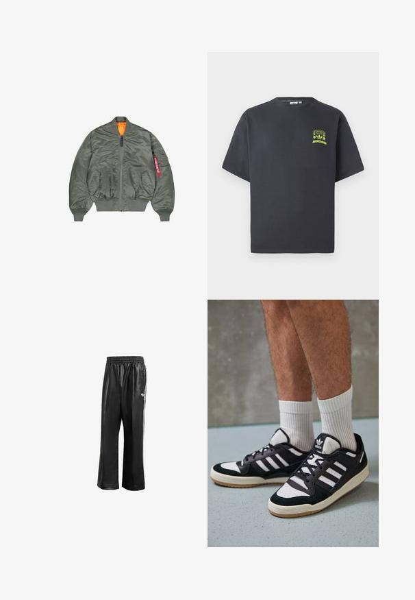 Casaco bomber verde com punhos e bainha canelados, fecho éclair frontal, dois bolsos frontais com botão de pressão, forro interior laranja e bolso com fecho éclair na manga com uma etiqueta vermelha.; T-shirt Adidas de cor cinza carvão com mangas curtas e um pequeno gráfico em neon verde de altifalantes, sol e o logo da Adidas no lado esquerdo do peito.; Calças de treino sintéticas pretas com um cós elástico, apresentando riscas laterais brancas e um pequeno logótipo branco no quadril esquerdo.; Ténis em preto e branco com upper em camurça e couro, apresentando três riscas brancas, um toe perfurado e uma sola em borracha de goma.