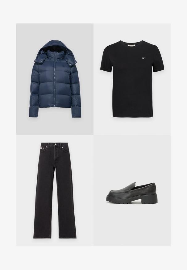 Marineblauwe pufferjack met ritssluiting, afneembare capuchon en doorstikte ontwerp. Voorzien van logo op de linkerkant van de borst en drukknoopaccenten.; Zwart katoenen T-shirt met een klassieke ronde hals, korte mouwen en een klein wit geborduurd "ck" logo op de borst.; Zwarte wijde spijkerbroeken van denim, met een hoge taille, vijf-pocket stijl en een metalen knoopsluiting met contrasterende stiksels.; Zwarte leren instappers met een ronde neus, dikke getextureerde zool en minimale stikseldetails. Strak ontwerp zonder zichtbare veters of hardware.
