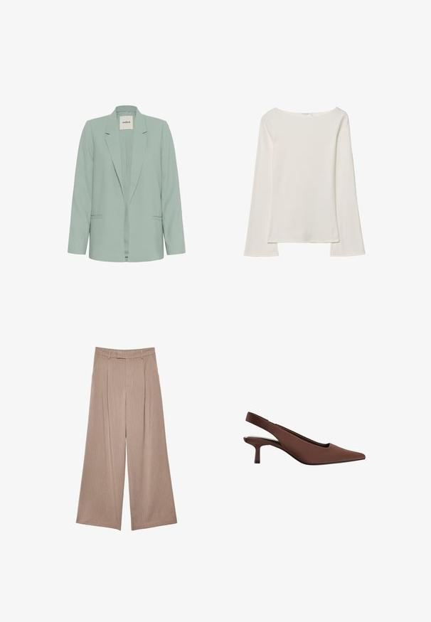 Svetlozelený blazer vyrobený z hladkej tkaniny, s výstrihom do písmena V, dlhými rukávmi a dvoma prednými vreckami. Otvorený dizajn, minimalistický štýl.; Krémový top s dlhým rukávom, širokým výstrihom a zvonovými rukávmi. Hladká, ľahká látka. Jednoduchý, minimalistický dizajn bez ozdôb.; Béžové nohavice so širokými nohavicami z textúrovaného materiálu s vertikálnymi prúžkami. Majú plochý predný pás a žiadne viditeľné kovanie.; Hnedé slingback topánky na podpätku s špicatou špičkou, hladkým povrchom, štíhlym stredne vysokým podpätkom a minimalistickým dizajnom.