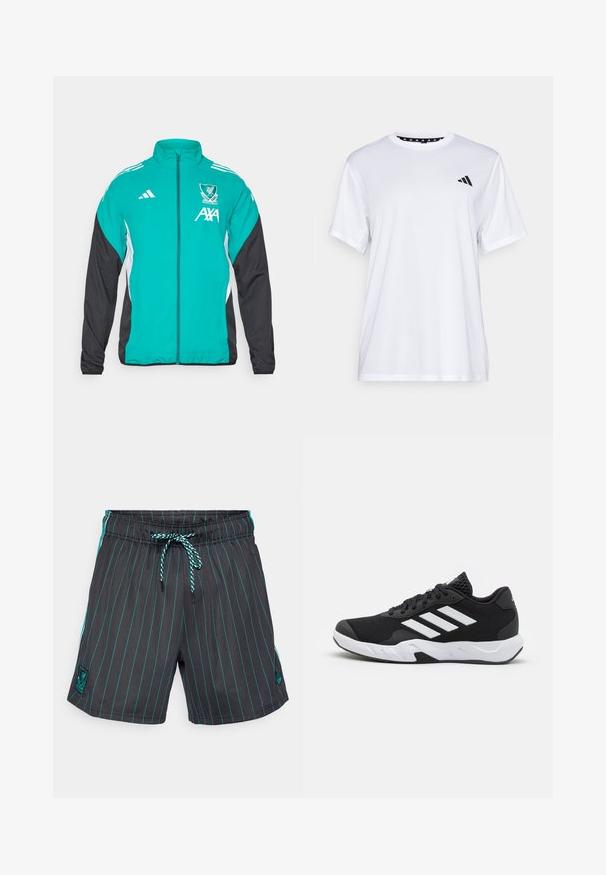Adidas Zip-Jacke mit türkisfarbener Vorderseite, schwarzen Ärmeln, weißen Seitenakzenten und dem Liverpool FC-Logo mit AXA-Branding.; Weißes sportliches T-Shirt mit kurzen Ärmeln, aus feuchtigkeitsableitendem Material. Mit einem schwarzen Logo auf der linken Brust und einem gemusterten Innenkragen.; Schwarze Badeshorts mit türkisfarbenen vertikalen Streifen, elastischem Bund und einem Kordelzug. Mit einem Logopatch auf der linken Seite.; Schwarze Sportschuhe mit einem strukturierten Mesh-Obermaterial, weißen Akzentstreifen, einer gepolsterten Sohle und einer verstärkten Ferse für Unterstützung.