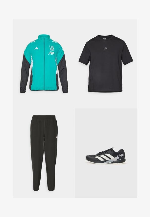 Adidas jack met ritssluiting, met een turquoise voorkant, zwarte mouwen, witte zijaccenten en het Liverpool FC-logo met AXA-branding.; Zwart sport t-shirt van ademend materiaal, met korte mouwen, een ronde hals en een reflecterende logo op de borst.; Zwarte sportbroek met een elastische tailleband, slim fit en een wit logo op het linkerbeen. Soepele, lichte stof.; Zwarte sportschoen met witte strepen, bovenwerk van mesh, ronde neus en geveerde zool. Heeft een getextureerde hak en een veilig vetersysteem.