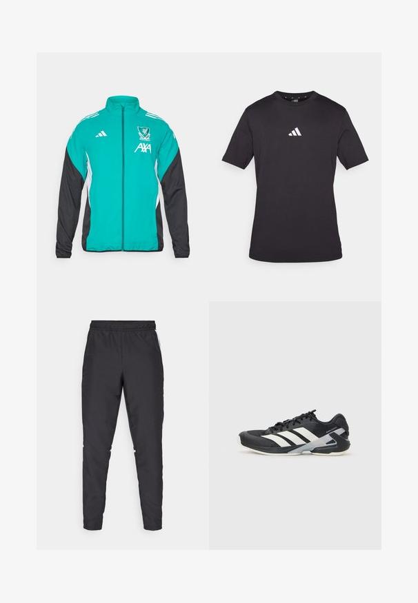 Adidas zip-up jacket featuring a turquoise front, black sleeves, white side accents, and Liverpool FC logo with AXA branding.; Black short-sleeve t-shirt made of cotton, featuring a white Adidas logo on the chest, round neckline, and standard fit.; Black athletic pants with an elastic waistband, tapered legs, and white side accents. Made of synthetic material with a smooth texture.; Black athletic shoe with white stripes, mesh upper, rounded toe, and cushioned sole. Features a textured heel and secure lacing system.