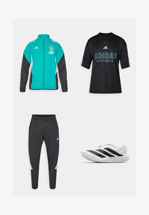 Adidas zip-up jacket featuring a turquoise front, black sleeves, white side accents, and Liverpool FC logo with AXA branding.; Black Adidas sportswear shirt with mesh texture, short sleeves, round collar, and blue logo and text detailing on the front and sleeves.; Black athletic pants with tapered legs, elastic waistband, side pockets, and white logo and stripes detailing. Made from a smooth, lightweight material.; Lightweight running shoes in pale blue with black stripes. Features a smooth upper, round toe, and thick white midsole labeled "LIGHTSTRIKE PRO."