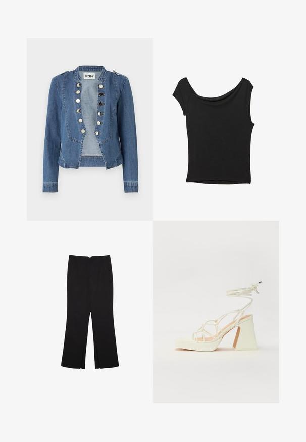 Denim jakna v svetlo modri barvi z oblikovano zasnovo, zapiranjem na gumb in krajšo dolžino. Ima dolge rokave in poudarjene ramena.; Črna kratka majica s kratkimi rokavi iz gladkega blaga; ima drapiran izrez in asimetrično spodnjo rob, s prilegnjenim telesom.; Črne hlače ravnega kroja z naglavnimi žepi in stranskimi razporki na robu. Narejene iz mehke, gladke tkanine. Primerne za različne priložnosti.; Bela sandala na visokih petah s debelim petam, ki ima obliko trakcev in vezanje okoli gležnja. Gladka tekstura z platformo spredaj za dodatno višino.