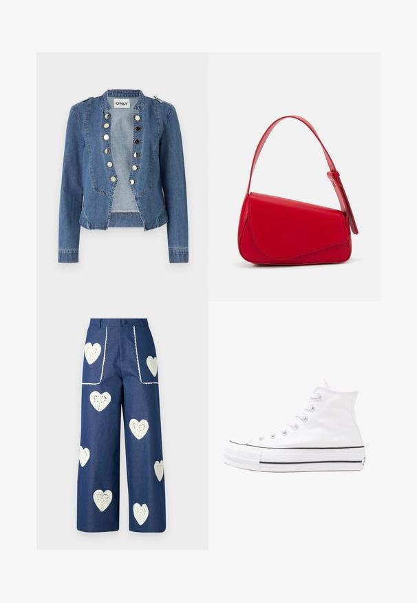 Vaate farkkutakki vaaleansinisessä värissä, jossa on jäsennelty muotoilu, nappikiinnitys ja lyhennetty malli. Ominaisuuksiin kuuluu pitkät hihat ja olkakoristeet.; Kukkakuvioinen paita pitkillä puff-hihoilla, vaalean kerma pohja, jossa on violetteja, oransseja ja vihreitä kukkakuoseja sekä klassinen kaulustyyli.; Sister Jane HEART TO HEART - Straight leg -farkut - blue denim; Valkoiset korkeavartiset kangaskengät mustalla kumipohjalla, edessä kuminen varvasosa ja kuusi nauha-aukkoa, puhtaan minimalistisella muotoilulla.; Punainen nahkalaukku, jossa on kulmikas, geometrinen muotoilu. Varustettu yhdellä säädettävällä hihnalla ja läpällä, jossa on ommeltu yksityiskohtia.