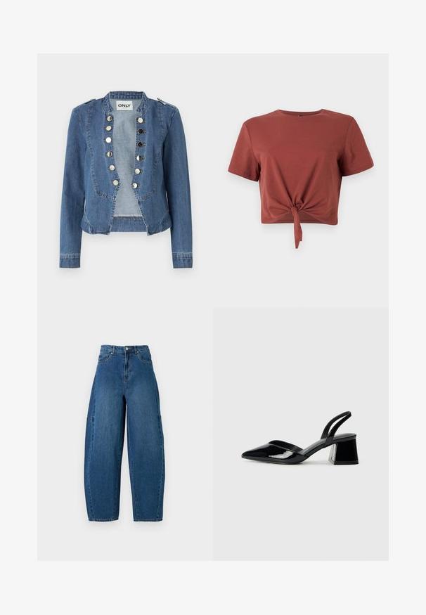 Denim jacket in light blue with a structured design, snap-button closures, and a cropped fit. Features long sleeves and shoulder accents.; Rust-colored cropped t-shirt in soft cotton with short sleeves and a knotted front detail. Smooth texture, round neckline.; Denim jeans in a medium blue wash, featuring a high waist, wide leg cut, and standard five-pocket design with visible stitching details.; Black patent leather slingback heels with a pointed toe and a geometric block heel. Features a sleek, minimal design and smooth texture.