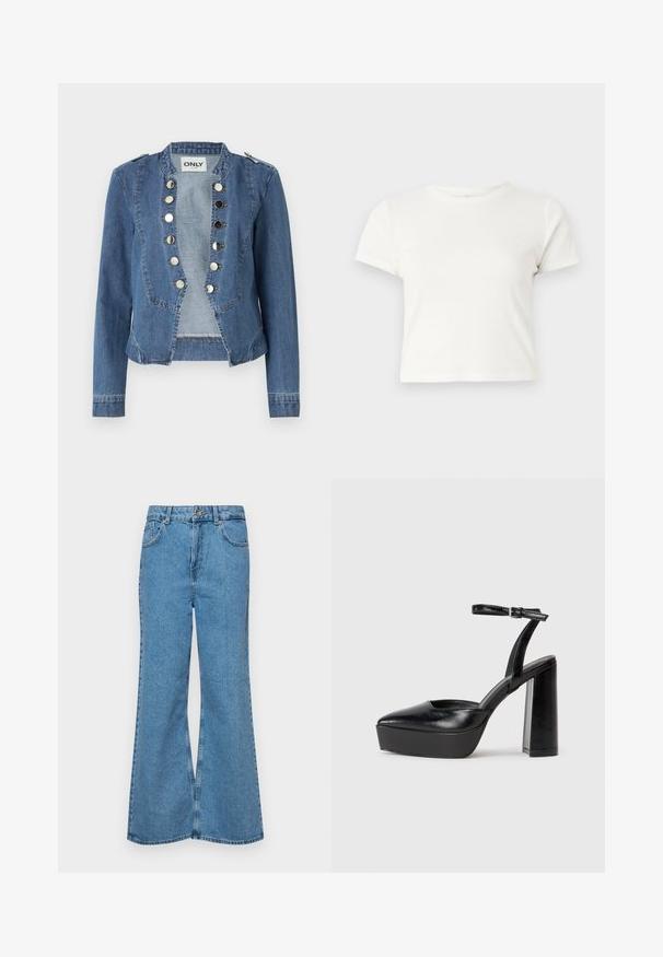 Džínová bunda v svetlomodrej farbe so štruktúrovaným dizajnom, uzáverom na cvoky a skráteným strihom. Obsahuje dlhé rukávy a akcenty na pleciach.; Krátke biele tričko vyrobené z bavlny s krátkymi rukávmi, okrúhlym výstrihom a rovnými okrajmi, s hladkou textúrou a minimálnym dizajnom.; Svetlomodré rozšírené džínsy vyrobené z denimu, s vysokým pásom, piatimi vreckami a jednopoložkovým zapínaním na gombík. Mäkká textúra s vyblednutým povrchom.; Čierne platformové podpätky so špicatou špičkou a nastaviteľným členkovým remienkom. Vyrobené z hladkej kože a so robustným blokovým podpätkom.