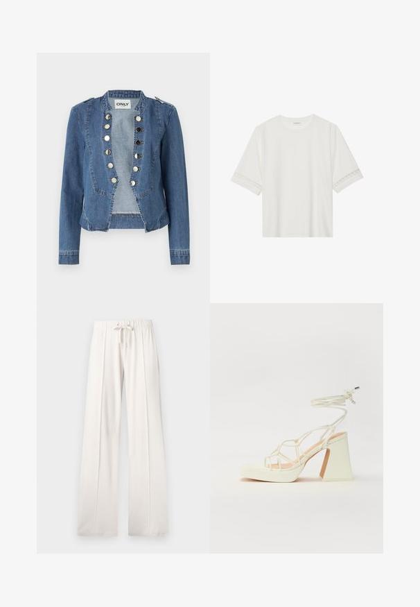 Jachetă din denim de culoare bleu deschis cu un design structurat, încheiere cu nasturi tip snap și o croială scurtă. Prezintă mâneci lungi și accente pe umeri.; Tricou alb cu mânecă scurtă, confecționat din bumbac, cu dantelă decorativă pe marginea mânecilor și un guler rotund.; Pantaloni de trening bej deschis, confecționați dintr-un material moale, având o talie cu șnur, picioare largi și cusături verticale, cu o textură netedă.; Sandale albe cu toc înalt și gros, cu un design cu curele și legătură la gleznă. Textură netedă, cu o platformă frontală pentru înălțime suplimentară.