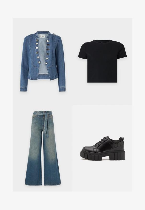 Denim jacket in light blue with a structured design, snap-button closures, and a cropped fit. Features long sleeves and shoulder accents.; Black short-sleeve t-shirt made from soft cotton. Features a round neckline and a fitted design. Smooth texture without patterns or accents.; Wide-leg denim trousers featuring a light to dark blue gradient, high waist, belt loops, and a matching fabric belt. Textured denim finish.; Black leather platform shoes with a chunky block heel, round toe, and traditional lace-up design. Features smooth texture and minimal detailing.