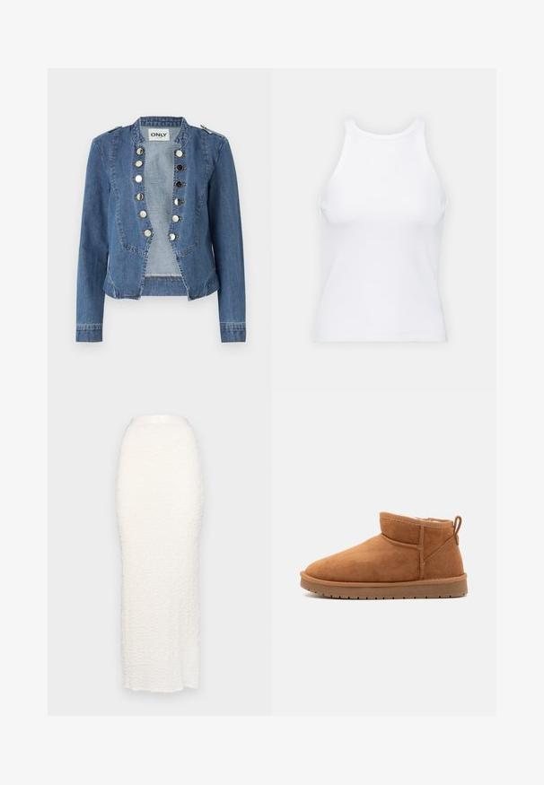 Zila džinsa jaka ar strukturētu dizainu, spiedpogu aizdari un īsu piegriezumu. Iekļauj garas piedurknes un plecu akcentus.; Balta bezpiedurkņu topiņš no ribotā auduma, ar noapaļotu kakla izgriezumu un pieguļošu siluetu, ar minimālām šuvēm un bez rotājumiem.; Gina Tricot STRUCTURE MAXI SKIRT - Maksi svārki - white; Call it Spring JAMIELEE - Ziemas zābaki - camel