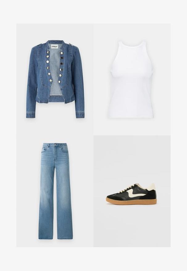 Jachetă din denim de culoare bleu deschis cu un design structurat, încheiere cu nasturi tip snap și o croială scurtă. Prezintă mâneci lungi și accente pe umeri.; Top alb fără mâneci, confecționat din material ribbed, prezentând un decolteu rotund și o siluetă ajustată, cu cusături minime și fără ornamente.; Jeans decolorare deschisă, cu talie înaltă, cu un design drept. Confeționate din denim, cu cinci buzunare și închidere cu nasturi.; Tenisi din suede și piele negri cu un swoosh lateral de culoare crem și călcâi de un crem deschis. Prezintă șireturi bej și o talpă din rubber de tip gum.