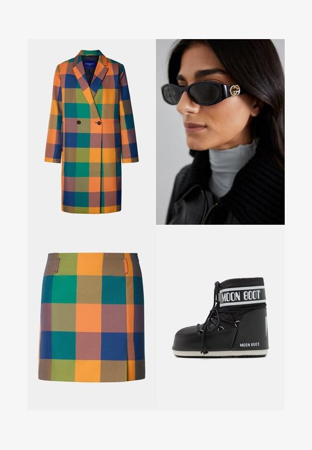 Double-breasted coat featuring a large multicolored check pattern in orange, green, blue, and brown. Made from textured fabric with two front pockets.; Green sweatshirt with "GANT 1949" embroidered in white and blue. Features blue and white striped accents on sleeves. Soft cotton material.; Multicolored skirt featuring a bold check pattern with orange, green, blue, and brown squares. Designed with a straight cut and side accents.; Black Moon Boot with a padded upper, secured by laces and a distinctive white band featuring the logo. Thick, textured rubber sole.; Black sunglasses featuring a sleek rectangular frame with a gold logo accent on the side. Dark lenses and glossy finish are prominent.