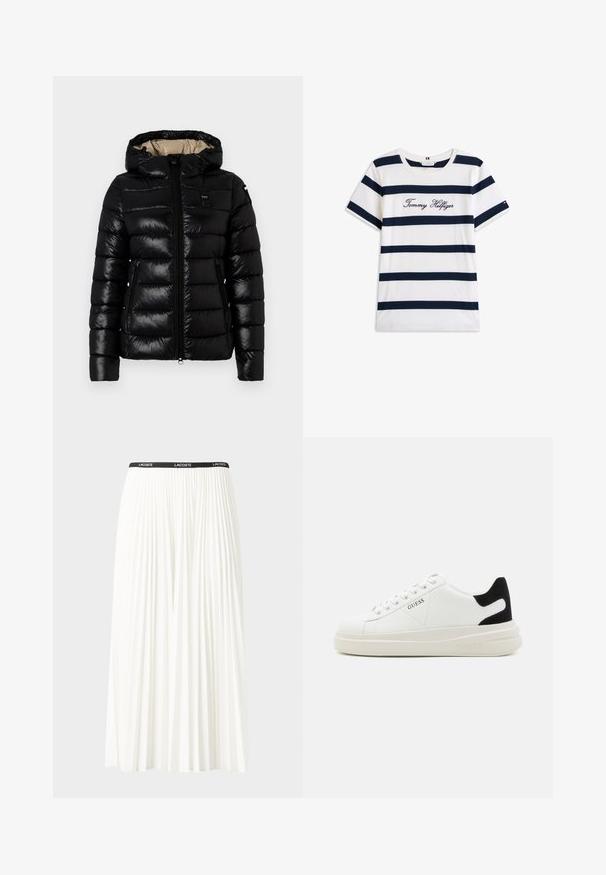Schwarze Pufferjacke mit Kapuze, Reißverschluss und zwei Seitentaschen. Glattes, glänzendes Material mit genähten horizontalen Steppungen.; Baumwoll-T-Shirt mit horizontalen navy-blauen Streifen auf weißem Hintergrund. "Tommy Hilfiger" in Kursivschrift auf der Brust gestickt. Runder Halsausschnitt.; Faltenrock aus Weiß mit einem schwarzen elastischen Bund, der das "LACOSTE"-Logo trägt. Mittellanges Design mit weicher Textur.; Weiße Leder-Sneaker mit einer dicken weißen Sohle, schwarzem Wildlederakzent an der Ferse und geprägtem Logo an der Seite. Schnürdesign mit sechs Ösen.