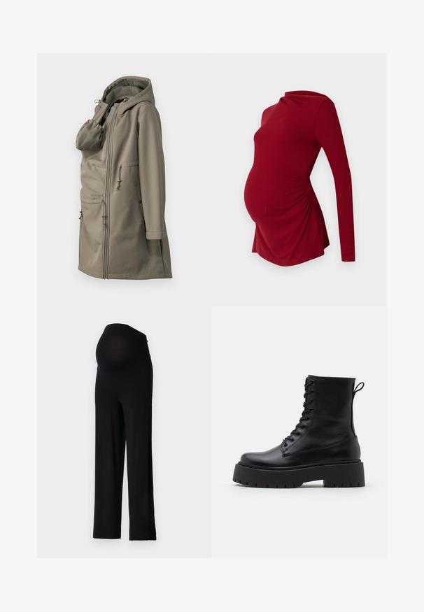 Könnyű bézs kapucnis dzseki texturált béléssel, elöl cipzárral, két foltvarrott zsebbel, és állítható húzózsinórokkal a deréknál és a kapucnin.; Hosszú ujjú, bordázott textúrájú piros kismama felső, drapált nyakkivágással és oldalsó ráncolással, amely alkalmazkodik a növekvő pocakhoz.; Fekete kismama nadrág, rugalmas, testhezálló derékrésszel és széles lábazattal. Puha anyagból készült, kényelmet és támogatást nyújt.; Fekete bőr bokacsizma, kerek orral, fűzős elülső résszel és vastag, texturált gumitalppal. Húzófül hátul.