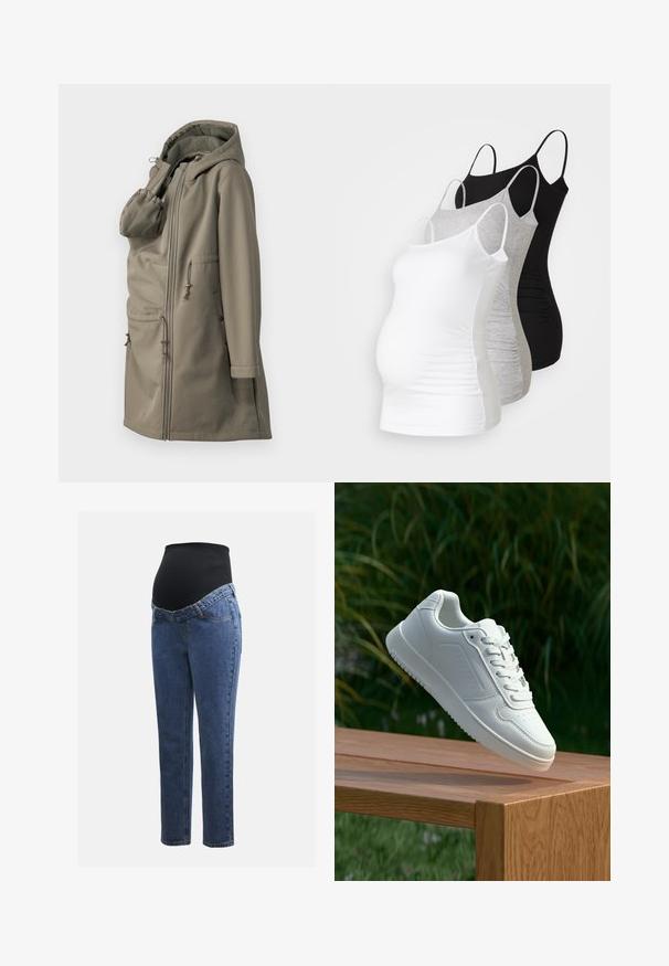 Lett beige hettegenserjakke med teksturert innside, frontglidelås, to lommer med klaff og justerbare snorer i midjen og hetten.; Tre ammetoppe til gravide i hvit, grå og svart. Elastisk stoff med justerbare spaghetti-stropper og samlede sidesømmer for komfort.; Graviditetsjeans med ben i blå denim og et svart elastisk magepanel designet for å støtte og dekke en voksende buk.; Hvite sneakers med en glatt syntetisk overdel, perforert tåboks, flate snørebånd og en teksturert såle, vist på en treflate.