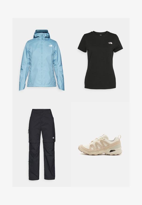 The North Face QUEST TRICLIMATE - Αδιάβροχο μπουφάν - algae blue/midnight petrol; Μαύρο βαμβακερό T-shirt με στρογγυλή λαιμόκοψη και κοντά μανίκια. Εντυπωσιακό λευκό λογότυπο στην επάνω αριστερή πλευρά. Λείος υφασμάτινος χαρακτήρας, άνετη εφαρμογή.; Μαύρα νάιλον παντελόνια cargo με φερμουάρ που αφαιρούνται, ρυθμιζόμενους καρπούς, πολλαπλές τσέπες και λογότυπο στο δεξί πόδι. Απαλή, ελαφριά υφή.; Μπεζ και κρεμ αθλητικό παπούτσι με υφασμάτινη άνω επιφάνεια με υφή, υποστηρικτικά overlay και καουτσούκ σόλα με σχέδιο πέλματος για πρόσφυση.