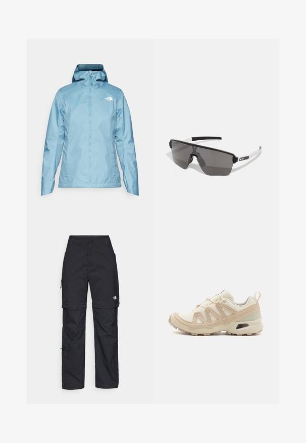 The North Face QUEST TRICLIMATE - Hardshell bunda - algae blue/midnight petrol; Čierne bavlnené tričko s okrúhlym výstrihom a krátkymi rukávmi. Výrazné biele logo na hornej ľavej strane. Hladká štruktúra, pohodlný strih.; Čierne nylonové cargo nohavice s odnímateľnými nohavicami, nastaviteľnými manžetami, viacerými vreckami a logom na pravej nohe. Hladká, ľahká textúra.; Beige a krémová športová obuv s textúrovaným sieťovým zvrškom, podporujúcimi prekrytiami a gumovou podrážkou s dezénom pre trakciu.; Čierne a šedé slnečné okuliare s veľkým, uhlovým dizajnom. Majú matný povrch a biele akcenty na ramenách. Tmavé tieniace šošovky.