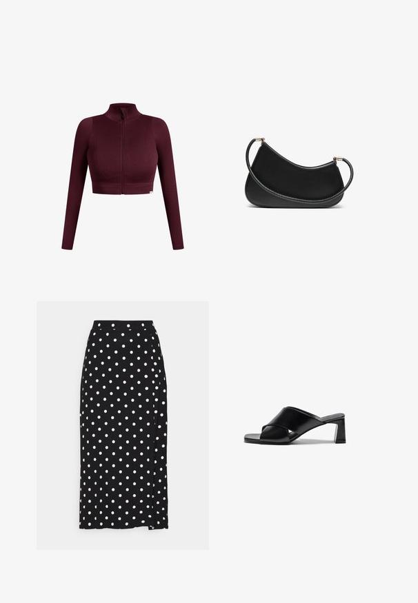 Top court en rib en bourgogne avec des manches longues, un col haut et une fermeture éclair à l'avant. Présente une texture subtile et une étiquette logo à l'ourlet.; Cache-cœur gris avec un décolleté en V, des manches longues et un lien ajustable à la taille. Fabriqué en maille douce avec une texture subtile.; Deux bralettes en coton : l'une en beige clair et l'autre en noir, dotées de fines bretelles et d'un décolleté en V. Étiquettes visibles à l'intérieur.; Jupe noire à pois blancs, faite en tissu doux. Elle présente une coupe droite et une fente en bas pour plus de liberté de mouvement.; Sandales à talons en cuir noir avec un design à lanières croisées, un bout carré et un talon bloc. Texture lisse avec peu de détails.; Sac à bandoulière en cuir noir au design arrondi, doté d'une bandoulière texturée et de ferrures dorées au niveau de la fermeture supérieure. Fini lisse.