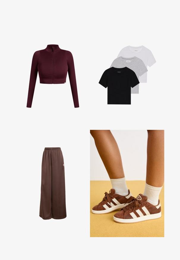 Bordeaux ribbet crop top med lange ærmer, høj krave og lynlås lukning foran. Har subtil tekstur og et logomærke ved kanten.; Sæt af tre kortærmede t-shirts i sort, grå og hvid. Fremstillet af bomuld, har en rund hals og et enkelt, ensfarvet design.; adidas Originals Træningsbukser - auburn cream white; Brune suedetennissko med hvide striber, detaljerede snørebånd og branding, strukturerede paneler og gummisåler. Båret med hvide ribbede strømper.