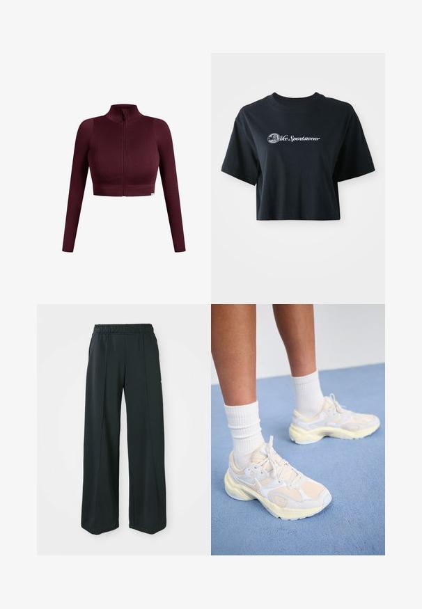 Top corto a coste bordeaux con maniche lunghe, colletto alto e chiusura con zip frontale. Presenta una texture sottile e un'etichetta con logo all'orlo.; T-shirt nera in cotone, cropped, con maniche corte, caratterizzata da testo bianco "Vice Sportswear" e una grafica circolare sul davanti.; Pantaloni sportivi neri a gamba larga con una vita elastica. Realizzati in un tessuto morbido ed elasticizzato, presentano cuciture frontali sottili e nessuna tasca.; Scarpe sportive eleganti in giallo pallido e bianco, realizzate con materiali in rete e sintetici, dalla forma arrotondata e suole testurizzate.