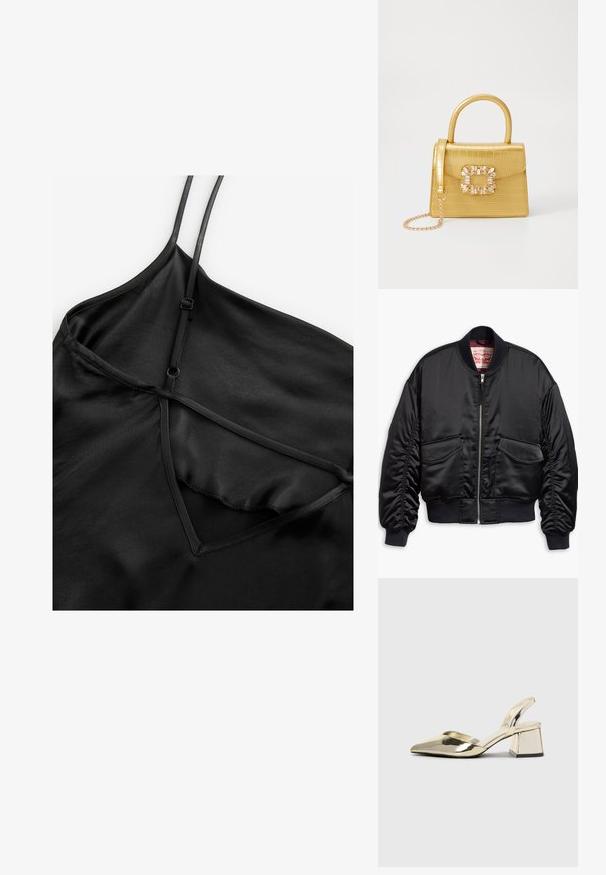 Chaqueta bomber negra de satén liso con un diseño corto, que cuenta con puños y dobladillo acanalados, dos bolsillos delanteros y cierre de cremallera.; Vestido slip de satén negro que presenta tirantes finos ajustables, un escote en V con un diseño en capas y una textura suave y brillante.; Tacones slingback metálicos dorados con punta afilada y tacón grueso. Textura suave, diseño minimalista y una correa estrecha.; Bolso de mano de imitación cocodrilo amarillo con un diseño estructurado, asa superior, correa de cadena desmontable y embellecimiento de cristal decorativo en el cierre.