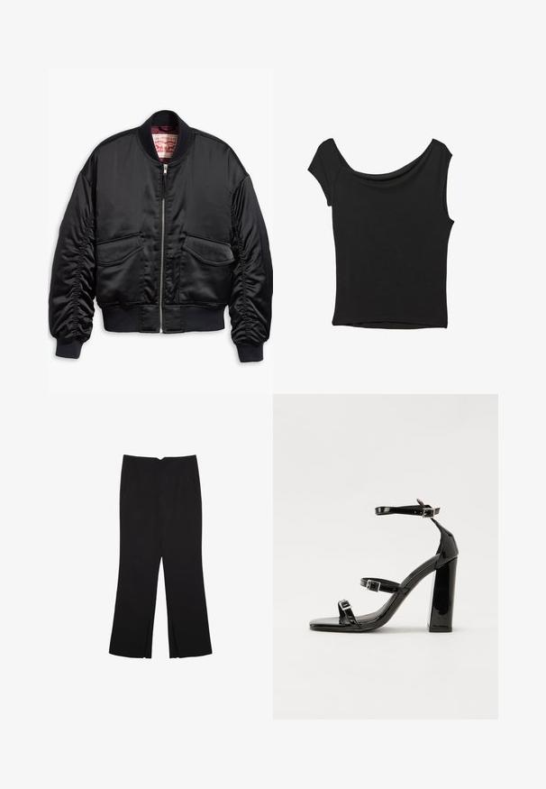 Musta silkinsileä satiininen bomber-takki, jossa on lyhennetty malli, resorit hihansuissa ja helmassa, kaksi etutaskua ja vetoketjusuljenta.; Musta lyhythihainen paita, joka on valmistettu sileästä kankaasta; siinä on laskeutuva kaula-aukko ja epäsymmetrinen helma, sekä istuva malli.; Mustat housut suoralinjaisella leikkauksella, joissa on etutaskut ja sivurei'ät helman alla. Valmistettu pehmeästä ja sileästä kankaasta. Sopii eri tilaisuuksiin.; Musta kiiltävä korkokenkä sandaalit neliönmuotoisella varpaalla, nilkkaremmillä ja hopeisilla soljilla. Varustettu tukevalla lohkokorkealla vakauden takaamiseksi.