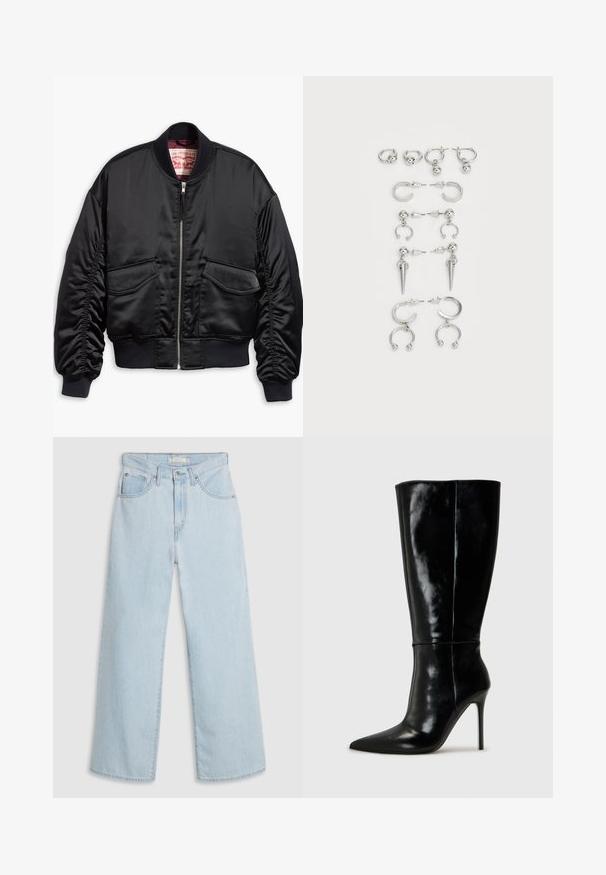 Giacca bomber nera in satin liscio con design corto, polsini e orlo a costine, due tasche frontali e chiusura con zip.; Maglietta nera a maniche corte realizzata in morbido cotone. Presenta una scollatura rotonda e una vestibilità slim con dettagli di cuciture minime.; Jeans di denim azzurro chiaro a gamba larga con vita alta, con chiusura a bottone e cerniera, doppie tasche anteriori e dettagli di cuciture sottili.; Stivali neri in pelle alti fino al ginocchio con punta affusolata e tacchi a stiletto alti. Texture liscia e design elegante, con decorazioni minime.; Set di orecchini in argento con vari design: cerchi, perle e stili pendenti, con accenti a sfera e elementi appuntiti.