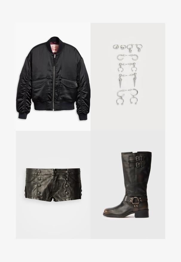 Sort bomberjakke lavet af glat satin med et cropped design, med ribstrikkede manchetter og kant, to forlommer og lynlåslukning.; Sort kortærmet T-shirt med rund bund og raglanærmer. Har pyntet "Juicy" tekst i rhinsten på forsiden.; Sorte lavtaljede lædershorts med dekorative metalknapper foran og på siderne, med forlommer og syningsdetaljer.; Sort læderstøvle til midten af leggen med to spænder nær toppen og et bælte med metalringdetalje omkring anklen på en hvid baggrund.; Sæt med sølvøreringe med forskellige designs: hoops, studs og hængende stilarter, med kugleaccenter og spidse elementer.